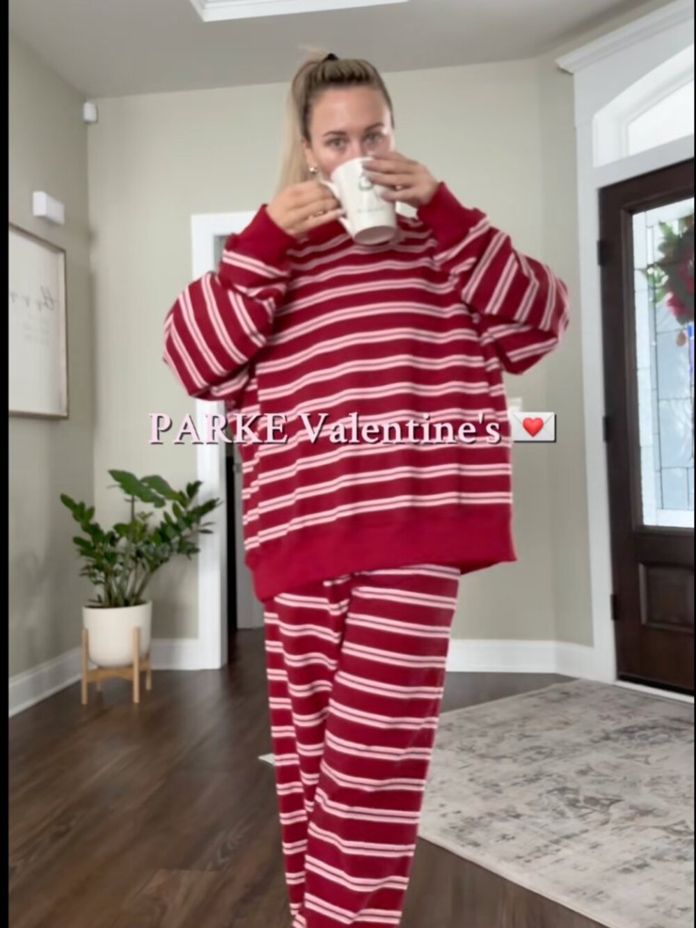 PARKE NWT Valentines Day 2026 Drop Sweat Set in Amour Stripe Red Mockneck Pants